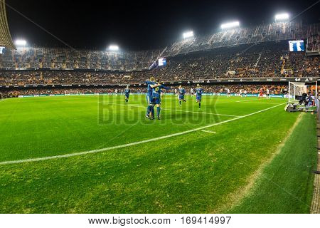 VALENCIA, SPAIN - JANUARY 3: Celta players celebrating a goal during King Cup soccer match between Valencia CF and Celta de Vigo at Mestalla Stadium on January 3, 2017 in Valencia, Spain
