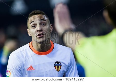 VALENCIA, SPAIN - JANUARY 3: Rodrigo during King Cup soccer match between Valencia CF and Celta de Vigo at Mestalla Stadium on January 3, 2017 in Valencia, Spain