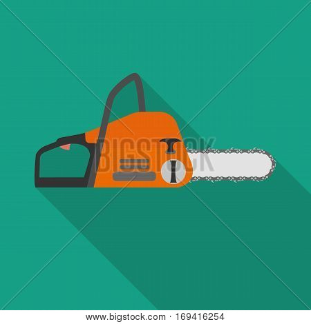 chainsaw flat icon with long shadow on green background