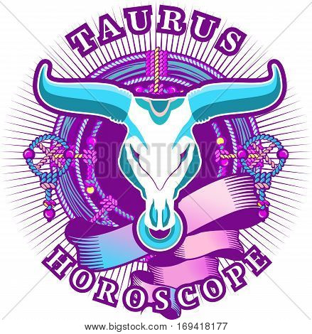 Vector illustration of magic horoscope sign Taurus style of the 60 s bright hippie art isolated on white background