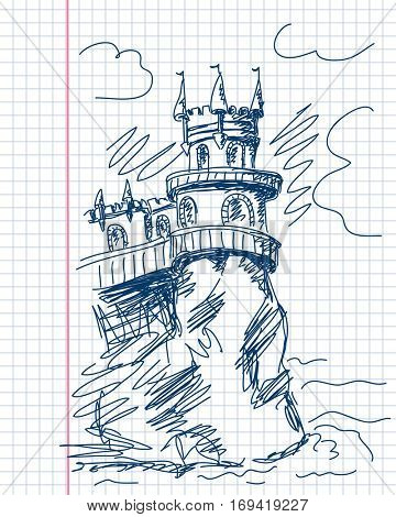 January 04, 2017: Castle Swallow's Nest in Crimea, Primitive hand drawn illustration, Blue pen sketch vector