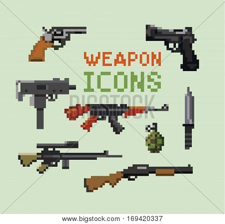 Set of vector pixelated weapon and gun icons