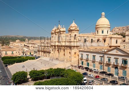 NOTO ITALY - SEPTEMBER 14 2015: Noto Cathedral is a Roman Catholic cathedral in Noto in Sicily Italy. UNESCO World Heritage Site.
