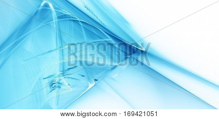 Abstract background element.Three-dimensional composition of curves and mosaic halftone effects. Technology; science or education concept. Blue and white colors. Wide format.