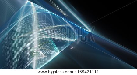 Abstract background element.Three-dimensional composition of curves and mosaic halftone effects. Technology; science or education concept. Blue and black colors. Wide format.