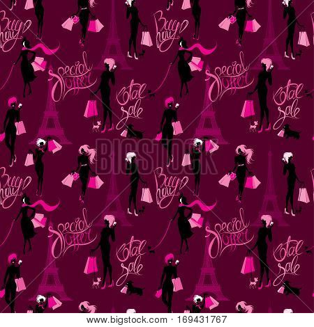 Seamless pattern - Effel Tower girls silhouettes with shopping bags and calligraphic text Total sale Buy now Special offer Background for fashion or retail design.