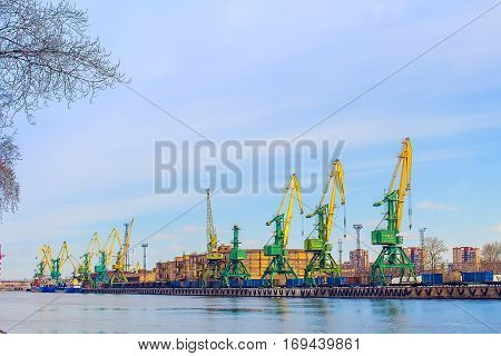 Loading Cranes. Wid From The River Channel To The Cargo Port.