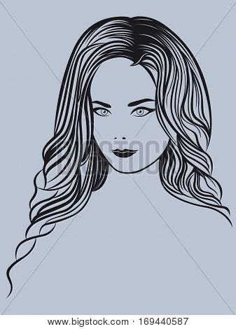 Attractive young beautiful lady portrait on the greyish background vector outline