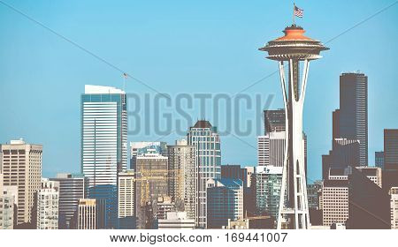 City of Seattle Skyline During Sunny Clear Sky Day. Seattle Washington United States of America.