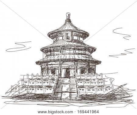 January 04, 2017: Temple of Heaven in Beijing, Hand drawn vector illustration