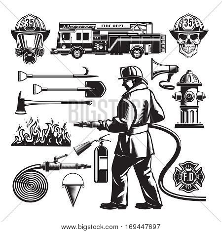 Vintage firefighting elements set with fireman truck flame and professional equipment in sketch style isolated vector illustration