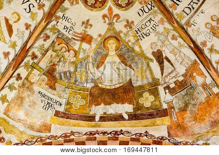 King Canute Lavard on his throne, Romanesque fresco in St. Bendt church Ringsted, Denmark - February 20 2015