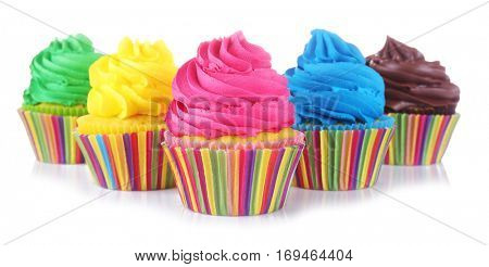 Fresh tasty cupcakes on white background