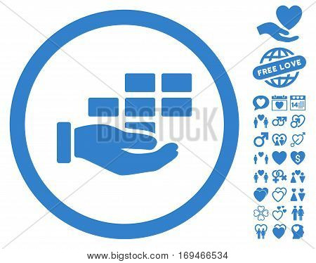 Service Schedule icon with bonus passion pictograms. Vector illustration style is flat rounded iconic cobalt symbols on white background.