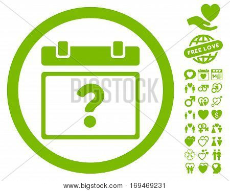 Unknown Date pictograph with bonus dating images. Vector illustration style is flat rounded iconic eco green symbols on white background.