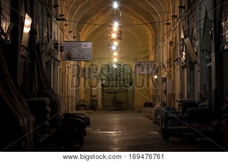 SHIRAZ IRAN - AUGUST 16 2016: Picture of an empty street of Vakil bazaar at night. Vakil Bazaar is the main bazaar of Shiraz Iran located in the historical center of the city.