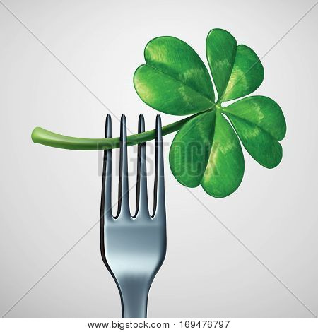 Saint Patrick day food symbol as a fork with a green four leaf shamrock clover as a traditional celtic meal symbol for Irish heritage dinner or eating in Ireland as a 3D illustration.