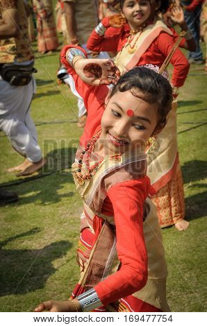 Smiling Girl In Sari In Assam