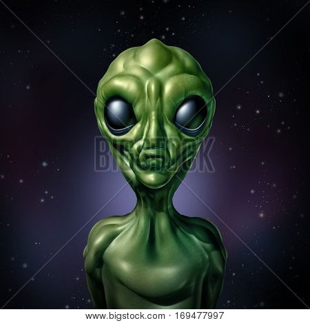 Alien UFO character and extraterrestrial humanoid green creature sightings concept as a symbol for the search for intelligent life in the universe as a 3D illustration.