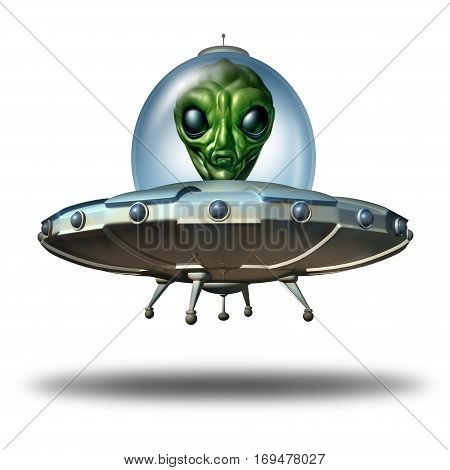 Alien in a flying saucer as a UFO visitor in a spaceship or spacecraft and extraterrestrial martian green creature inside as a symbol for the search for intelligent life as a 3D illustration on a white background.