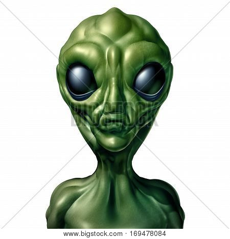 Alien character and UFO visitor and extraterrestrial humanoid green creature sighting concept as a symbol for the search for intelligent life in the universe as a 3D illustration isolated on a white background.