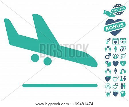 Aiplane Landing pictograph with bonus lovely design elements. Vector illustration style is flat iconic cobalt and cyan symbols on white background.