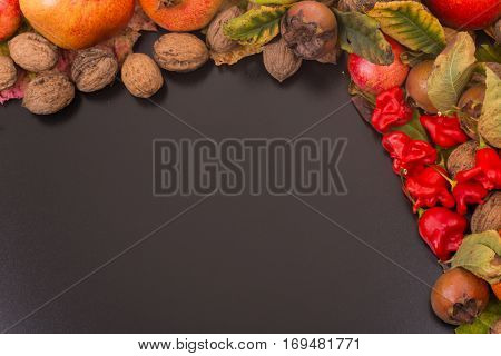 autumn still life, copy space, dark background, autumn composition from top. Free space for texta