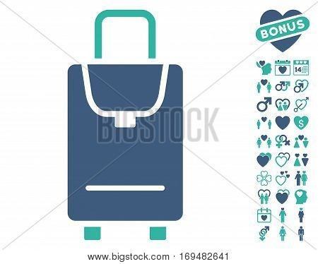 Carryon pictograph with bonus love pictograph collection. Vector illustration style is flat iconic cobalt and cyan symbols on white background.