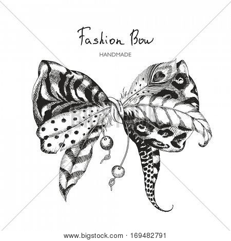 Vector bow of tiger skin, leopard print, exotic feathers and pendants. Hand-drawn fashionable illustration in boho chic style. 