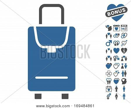 Carryon pictograph with bonus love images. Vector illustration style is flat iconic cobalt and gray symbols on white background.