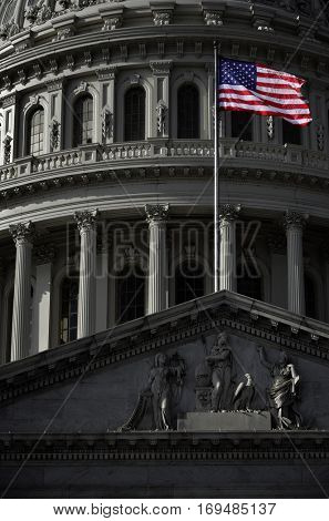 United States Capitol Building in Whashington DC with Flag