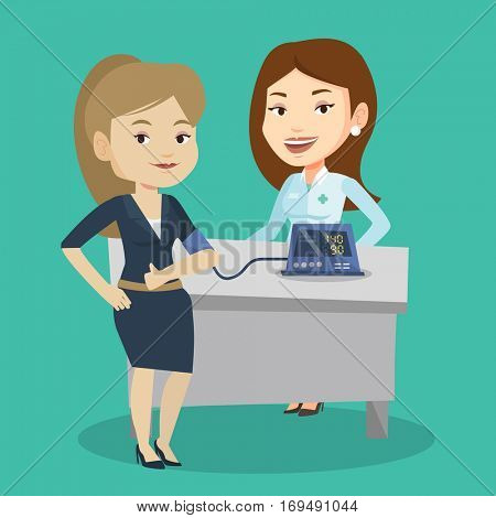 Young caucasain woman checking blood pressure with digital blood pressure meter. Happy woman giving thumb up while doctor measuring her blood pressure. Vector flat design illustration. Square layout