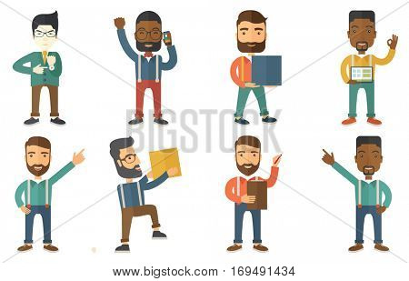 Angry employer pointing on time at wrist watch. Boss checking time of coming of latecomer employee. Late to work and time management concept. Set of vector illustrations isolated on white background.