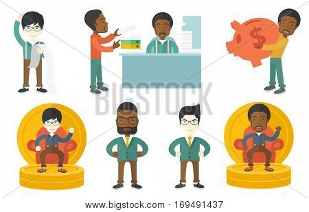 Businessman standing with a long bill in hands. Disappointed businessman holding long bill. Businessman looking at long bill. Set of vector flat design illustrations isolated on white background.