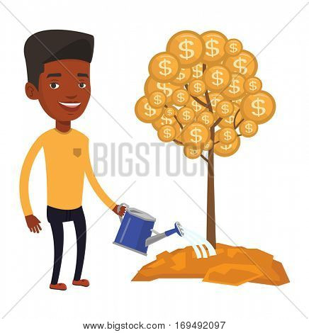 African man watering money tree. Man investing money in business project. Illustration of investment money in business. Investment concept. Vector flat design illustration isolated on white background