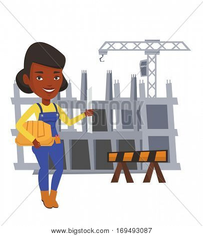 African-american engineer with a blueprint. Engineer holding a twisted blueprint and hard hat. An engineer checking construction works. Vector flat design illustration isolated on white background.