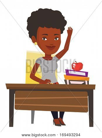Student raising hand in the classroom for an answer. Sudent sitting at the desk with raised hand. Happy schoolboy raising hand at lesson. Vector flat design illustration isolated on white background.
