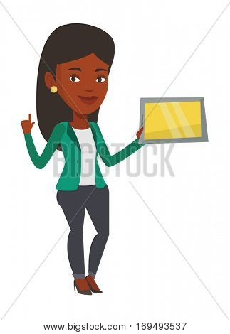 Student using tablet computer. Student holding tablet computer and pointing finger up. Student searching information on tablet computer. Vector flat design illustration isolated on white background.