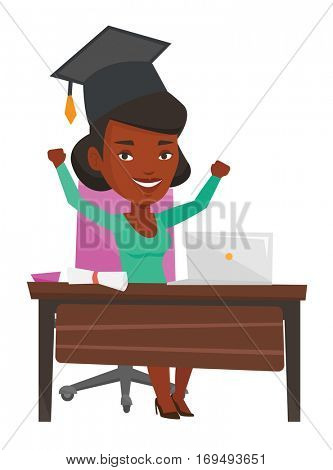 Graduate sitting at the table with laptop and diploma. Graduate in graduation cap using laptop for education. Online graduation concept. Vector flat design illustration isolated on white background