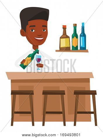 African bartender with bottle of wine and a glass standing at the bar counter. Bartender at work. Bartender pouring wine in a glass. Vector flat design illustration isolated on white background.