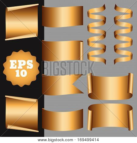 Set of golden ribbon and banners on a black background