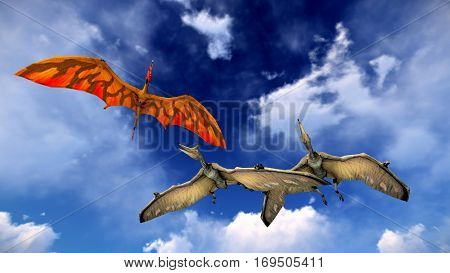 Flying pterodactyl against the beautiful cloudscape 3d illustration