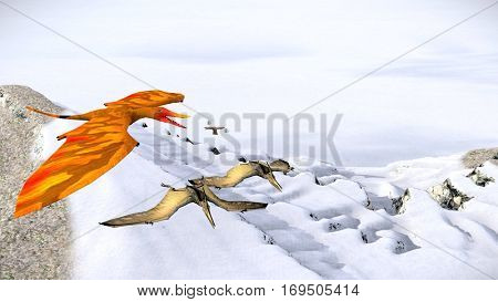 Flying pterodactyl against the beautiful cloudscape 3d illustration