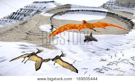 Flying pterodactyl against the beautiful cloudscape 3d illustration
