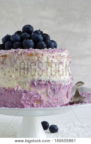 fresh home made bluebarry cake with purple cream cheese and coconut flake