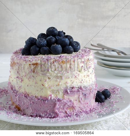 fresh home made bluebarry cake with purple cream cheese and coconut flake
