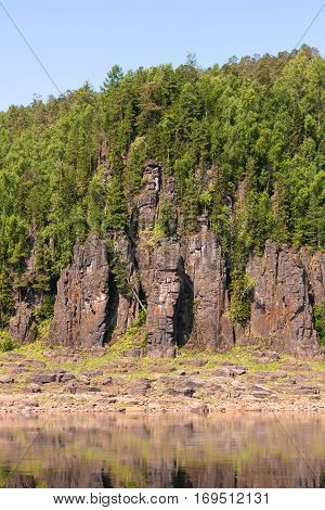 Big river of Eastern Siberia. Forest and cliffs. Krasnoyarsk region.
