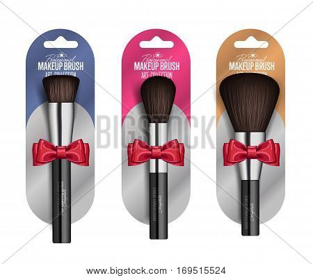 Realistic makeup brush set isolated vector illustration. Facial cosmetic 3D object collection. Fashion and beauty professional makeup artist brush in package, decorative cosmetic concealer powder tool