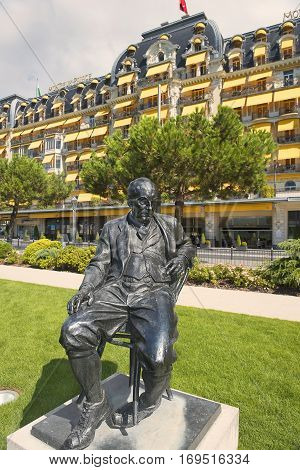 MONTREUX,SWITZERLAND-September 6: bronze statue of Vladimir Nabokov ,russian-american novelist, author of famous Lolita in the gardens of the Montreux Palace hotel in Montreux, Switzerland on September 6, 2016