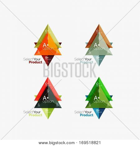 Set of triangle option infographic layouts. Select your product concept, make a choice idea